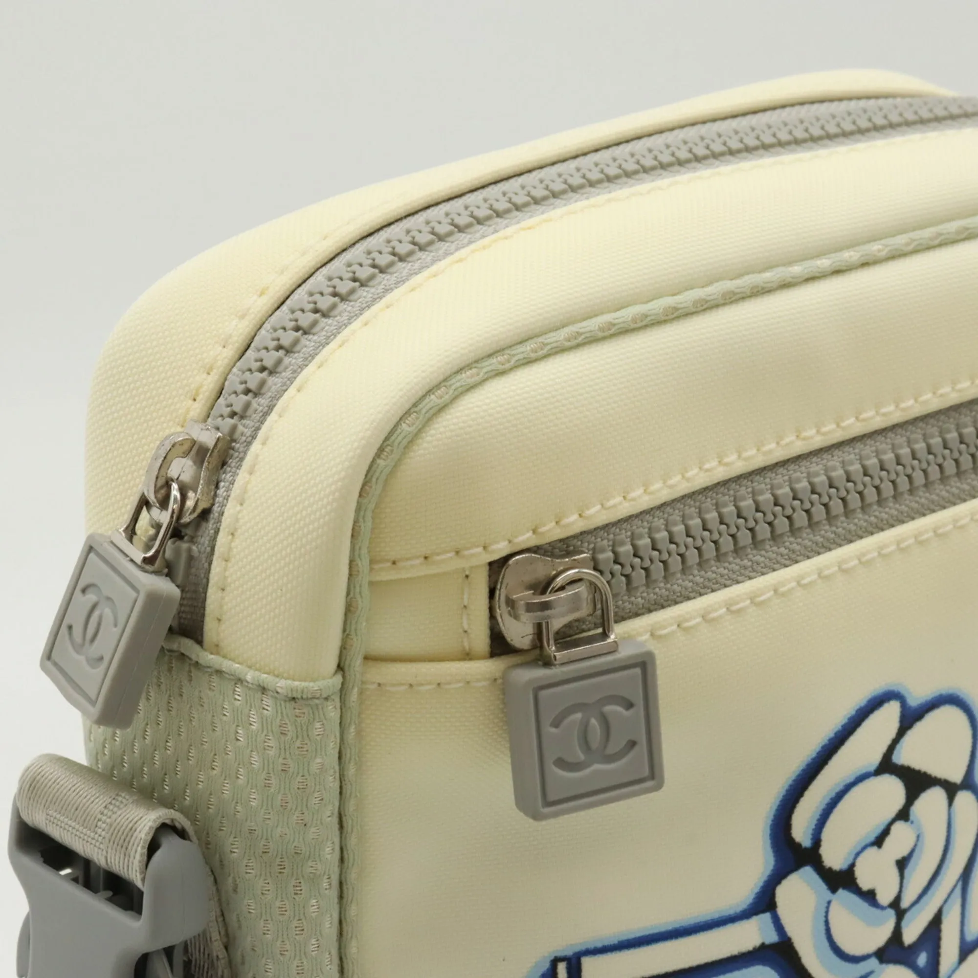 CHANEL Sport Line Camellia Shoulder Bag Pochette Nylon Canvas Ivory White Blue Grey