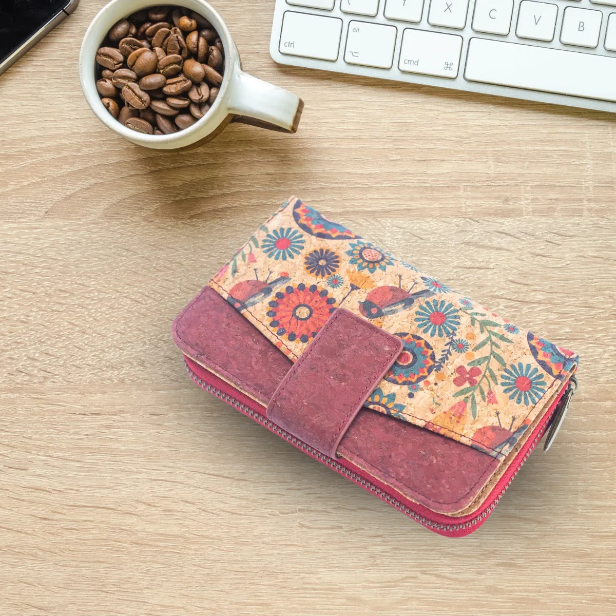 Cork Women's Rose&Plant Card Holder Mini-Flap Printed Wallet ?CBAG-2245