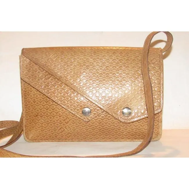 Fendi Clutch Early Sas Two Way Bodyshoulder Purse Camel Tooled Leather Embossed Or Cross Body Bag