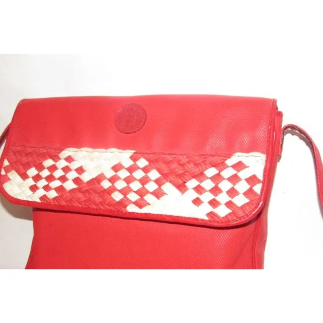 Fendi Sas Envelope Or Shoulder Purse Tomato Red Saffiano Leather And Woven Red And Ivory Jute Cross