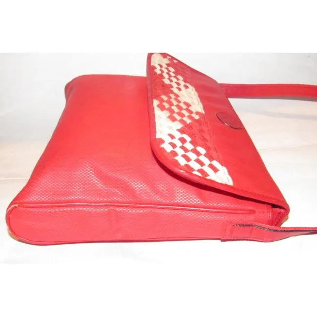 Fendi Sas Envelope Or Shoulder Purse Tomato Red Saffiano Leather And Woven Red And Ivory Jute Cross